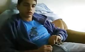 Friends watch the boy cum all over his chest