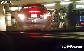 Muscular guy masturbating in car