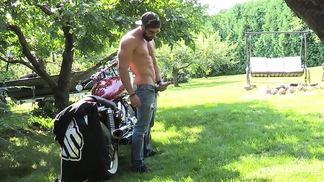 Hung Stud Zack Lemec Strokes Cock on Bike, Cums Hard